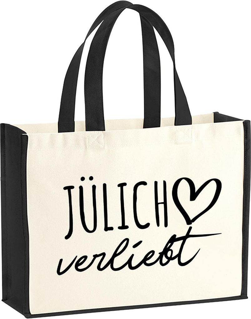 Huuraa Jutetasche Jülich verliebt 21 Liter Black Jute und Baumwolle Einkaufstasche Geschenkidee