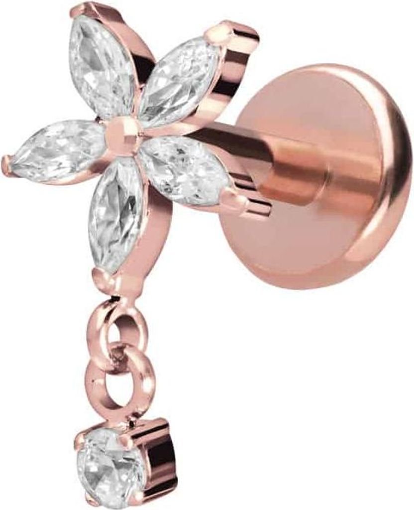 Ohrpiercing, Nasenpiercing Titan Labret mit Push Fit KRISTALLBLUME + KRISTALL RoséGold Stablänge: 6mm | Stabstärke: 1mm