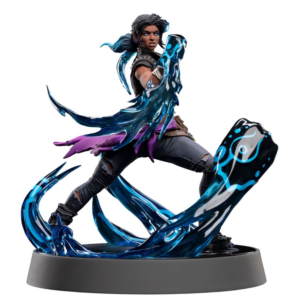 A statue of a female character with blue energy effects.