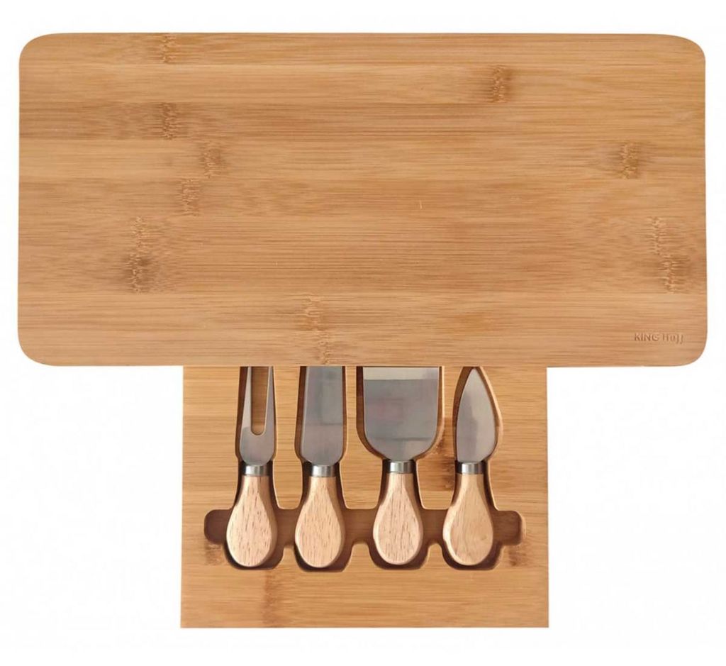 Kinghoff Schneidebrett KH-1567 für Käsepräsentation Naturbambus 40 x 19,5 x 3,2 cm mit Käsemesser Set