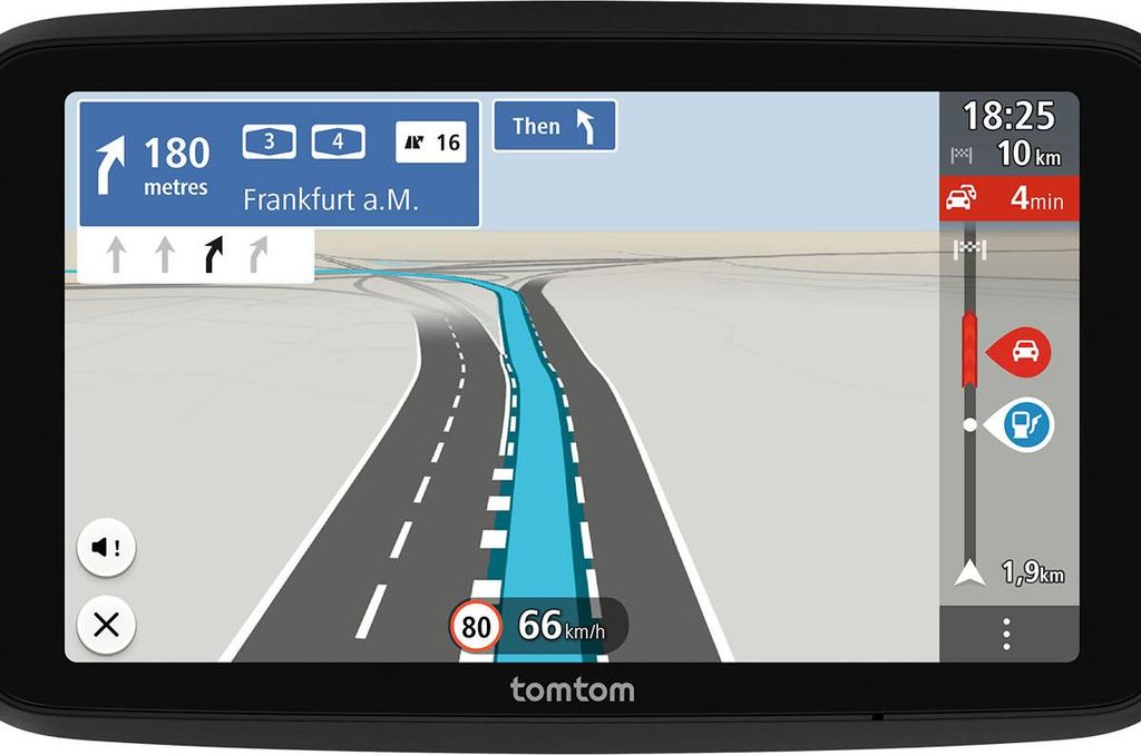A close-up view of a TomTom navigation device displaying a map and route.