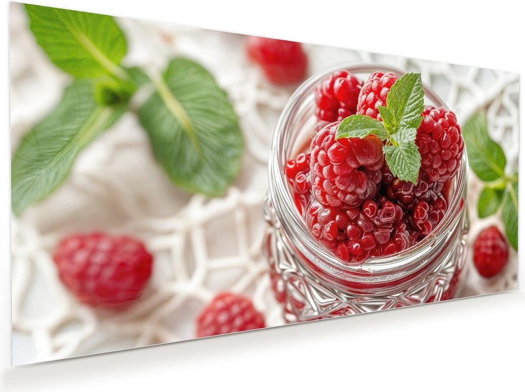 Glasbild 120x60cm in XXL für Wohnzimmer, Schlafzimmer Motiv Himbeerglas