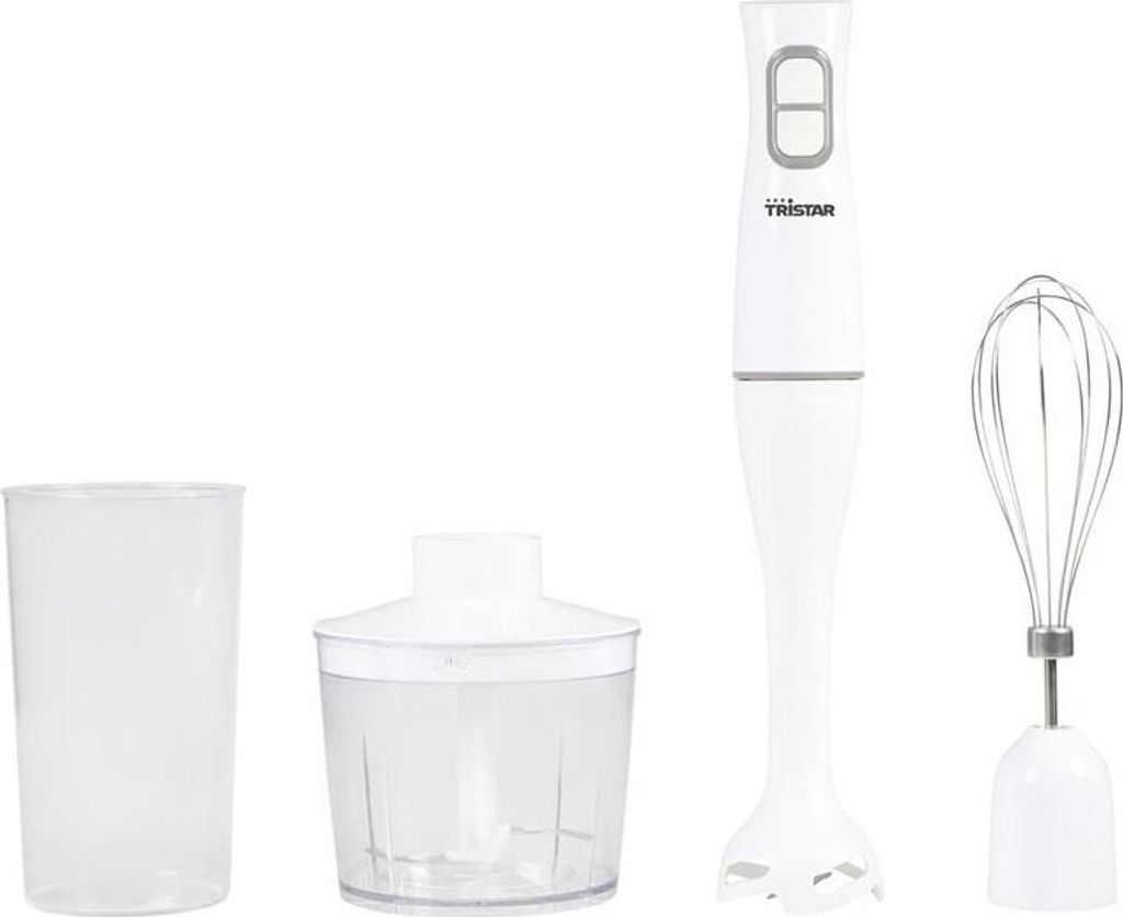 A white hand blender with accessories on a white background.