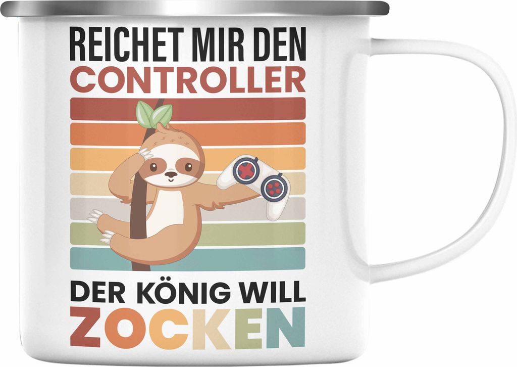 Trendation - Zocken Reichet Mir den Controller König Emaille Tasse Geschenk Gamer Jungs Jungen Geschenkidee Zocker Faultier Grafik (Silber)