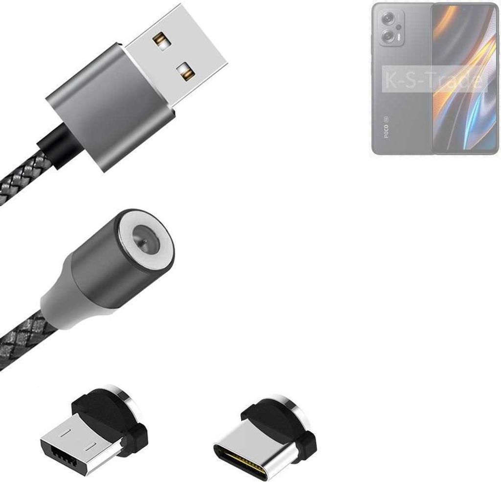 K-S-Trade Hochwertiges Magnet-Lade-kabel Sync-Kabel Daten-Kabel für POCO X4 GT mit USB-Typ-C-Anschluss und Micro-USB-Anschluss 2A bis zu 480mbps