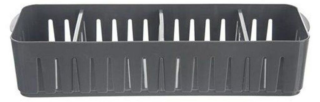 A gray plastic organizer for spice bags.