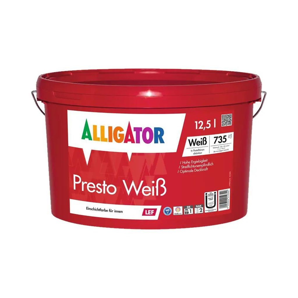 A red bucket of paint with branding and product information.