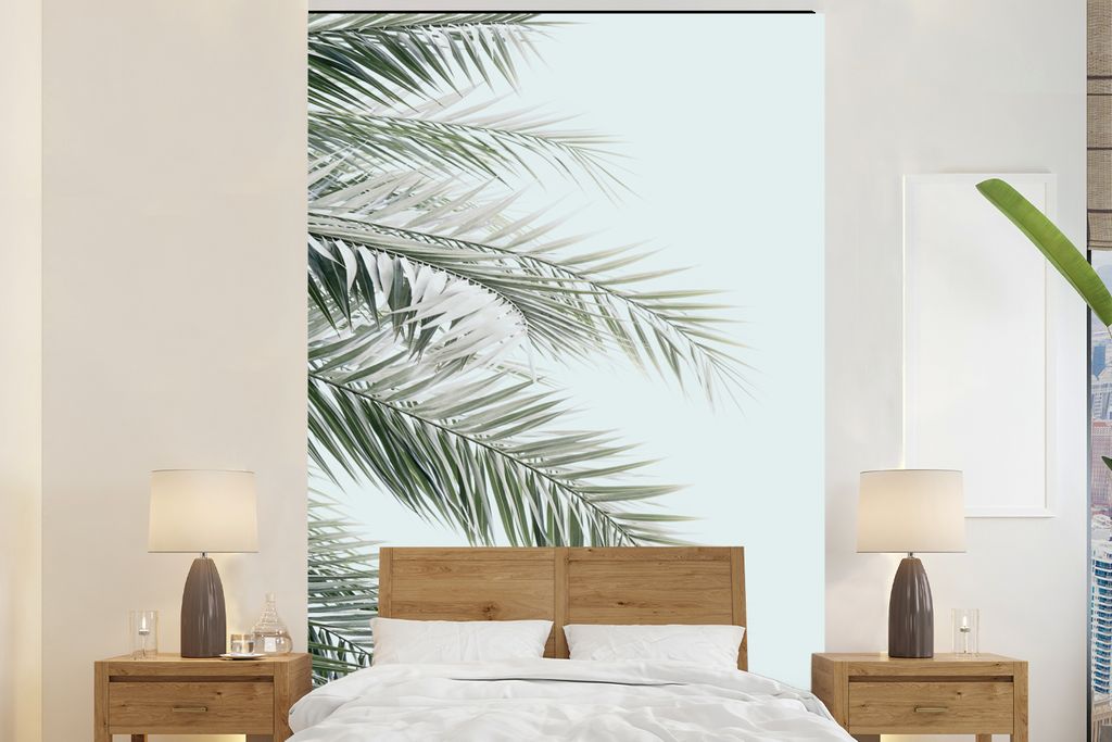 MuchoWow Fototapete für Wohnzimmer oder Schlafzimmer Wandtapete Vinyl Motivtapete Pflanze - Grün - Natur - Blau - 195x300 cm - Das Hintergrundbild