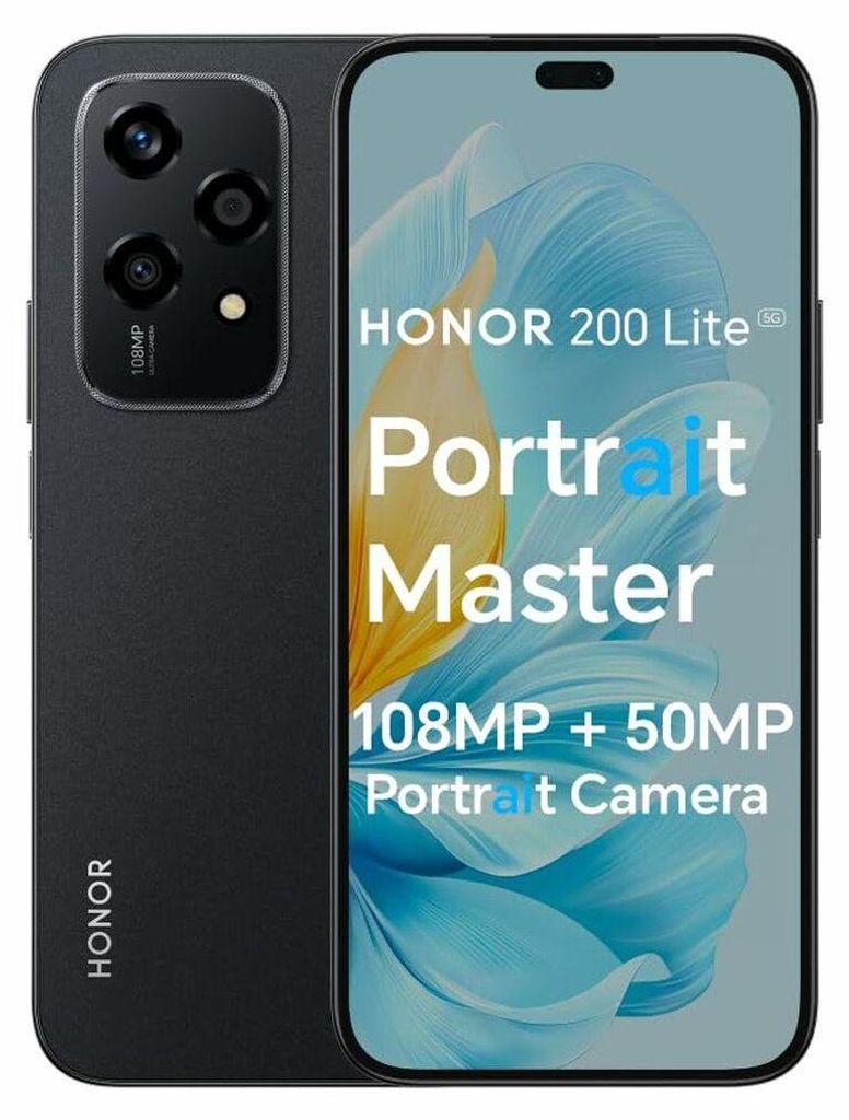 A black HONOR 200 Lite 5G smartphone is shown with a marketing image on its screen.