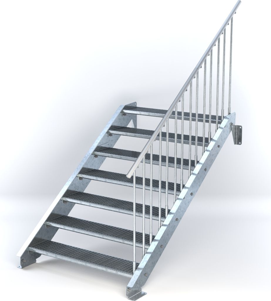 Stahltreppe 7 Stufen bis Höhe 140 cm, Laufbreite : 120 cm Geländer rechts ST 1 (31 / 31 mm)