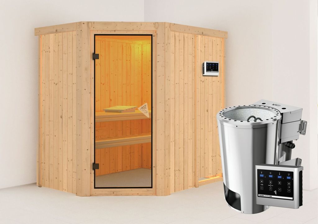 Karibu Sauna Innensauna Saja Eckeinstieg Ofen 3,6 kW -Ofen externe Strg. easy 196x151x198 cm ohne Dachkranz mit Bronzierter Tür