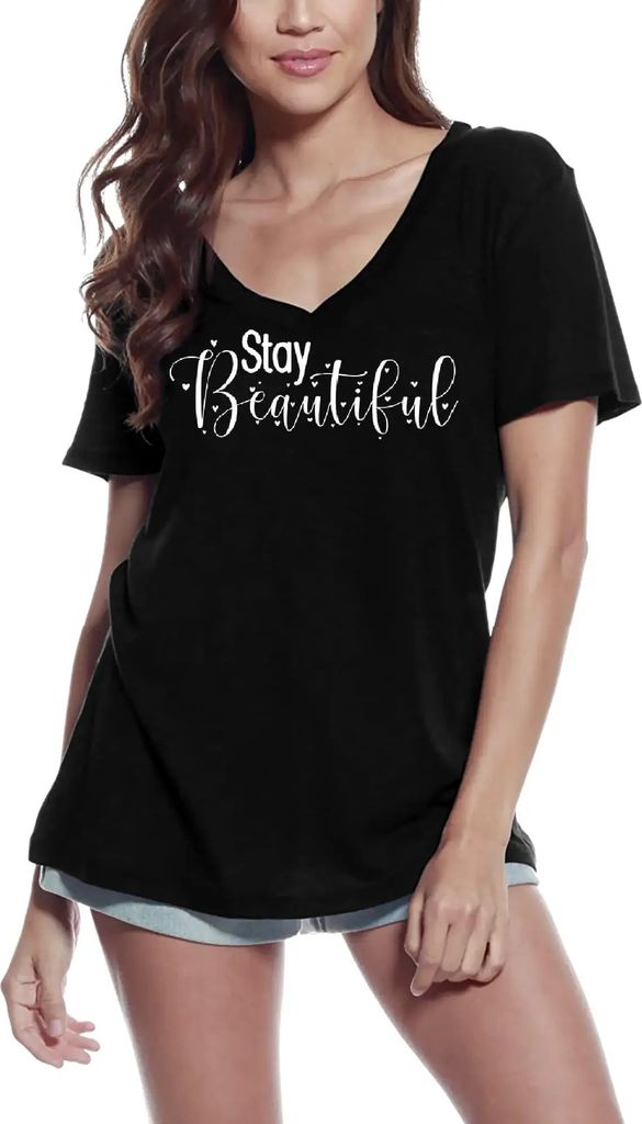 Damen Grafik T-Shirt V-Ausschnitt Schön bleiben – Stay Beautiful – Öko-Verantwortlich Vintage Jahrgang Kurzarm Lustige Druck Geburtstag Gesch...