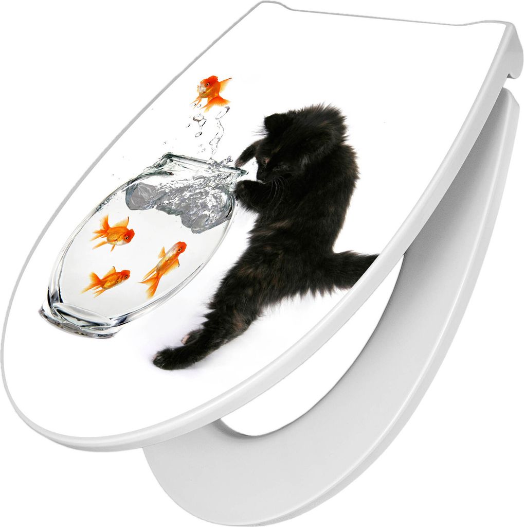 banjado Premium Toilettendeckel mit Absenkautomatik 44x37cm - Katze Und Fisch - WC Brille Soft Close - hygienischer Toilettendeckel/Klodeckel Durop...