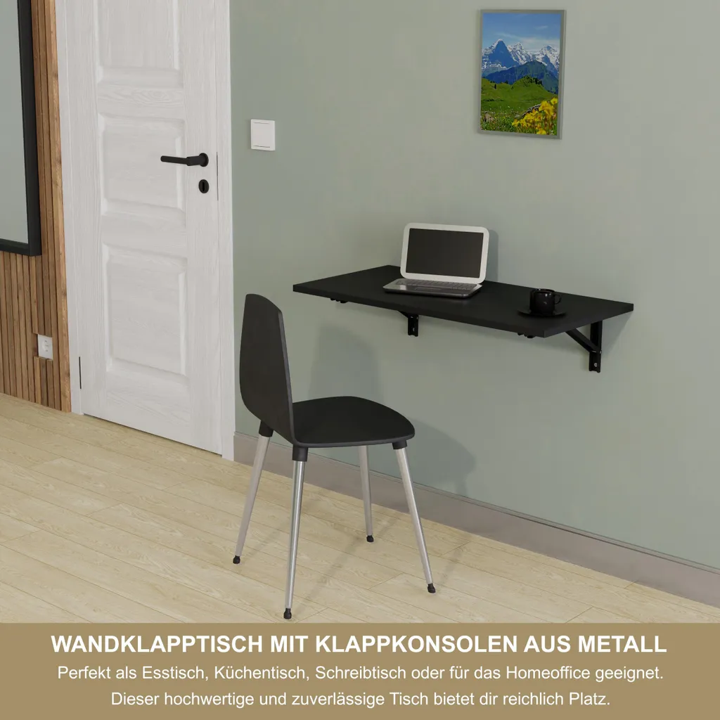 Table de bar murale stable et pliante Noire - Plateau de table 80 cm