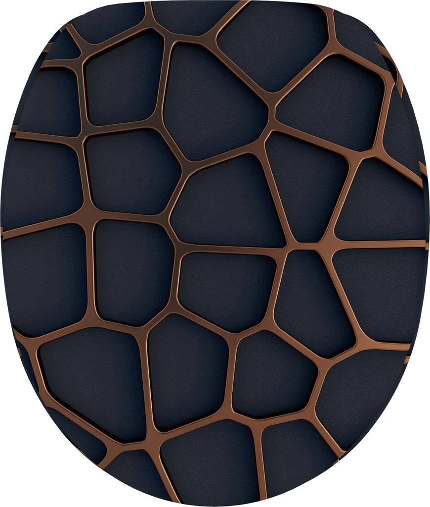 A close-up view of a toilet seat with a mesh pattern.