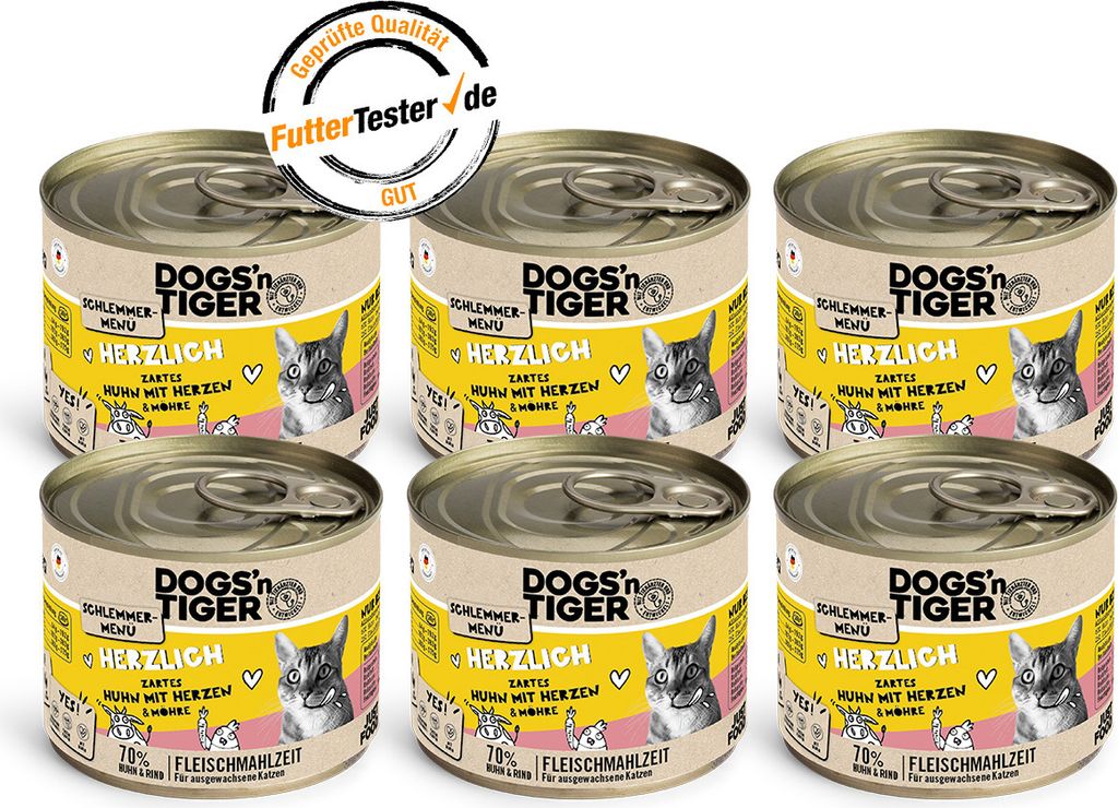 Dogs’n Tiger Adult, Katzenfutter, Herzlich, Katzen Nassfutter, Getreidefrei, Huhn, Rinderherzen & Karotte, 6x 200g