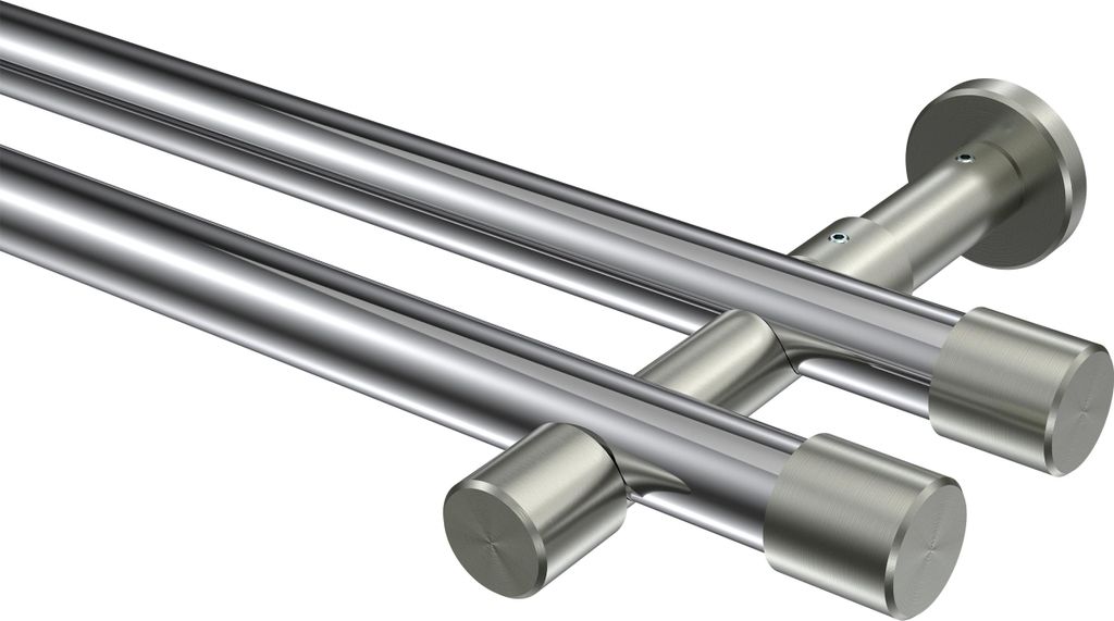 Interdeco Gardinenstange / Vorhangstange Chrom / Edelstahl-Optik, Typ Prestige Santo (Kappe) ohne Ringe, 20 mm Ø 2-läufig, 100 cm