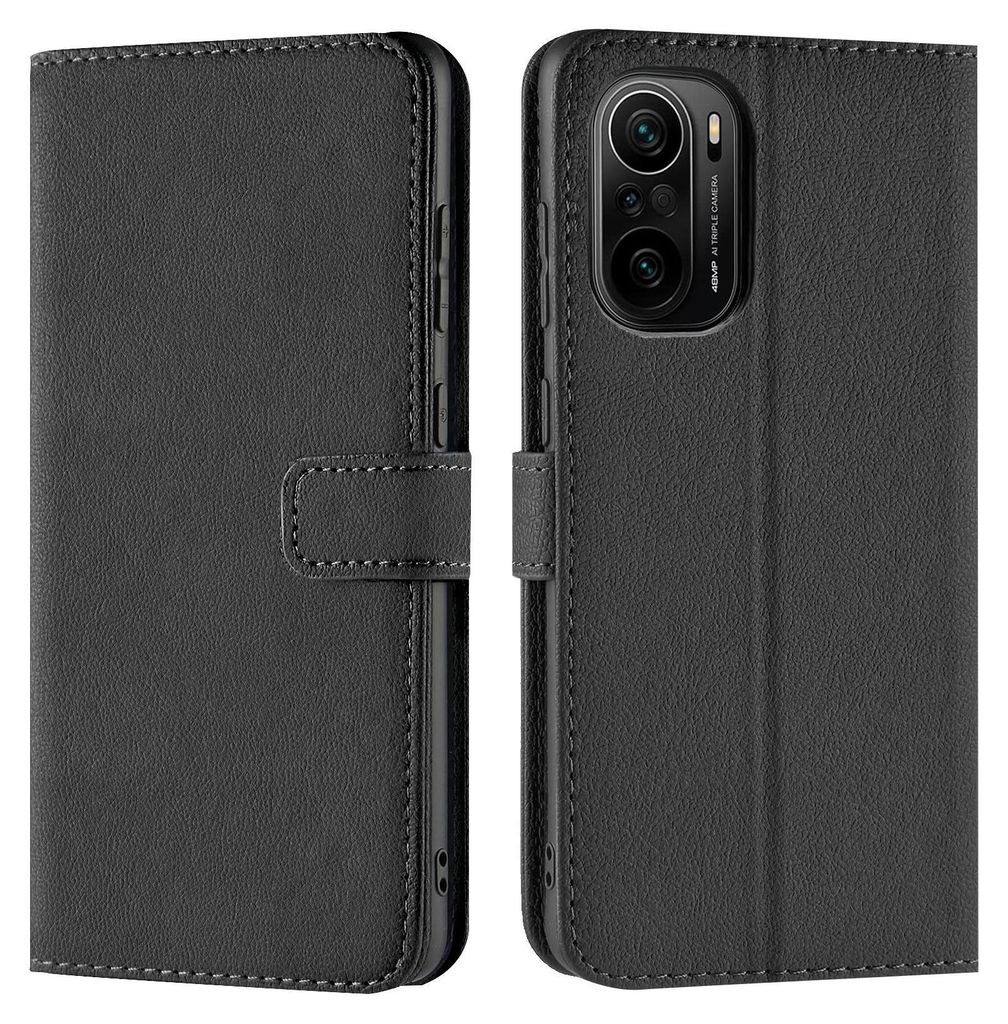 A black flip case for a smartphone, shown from the front and back.