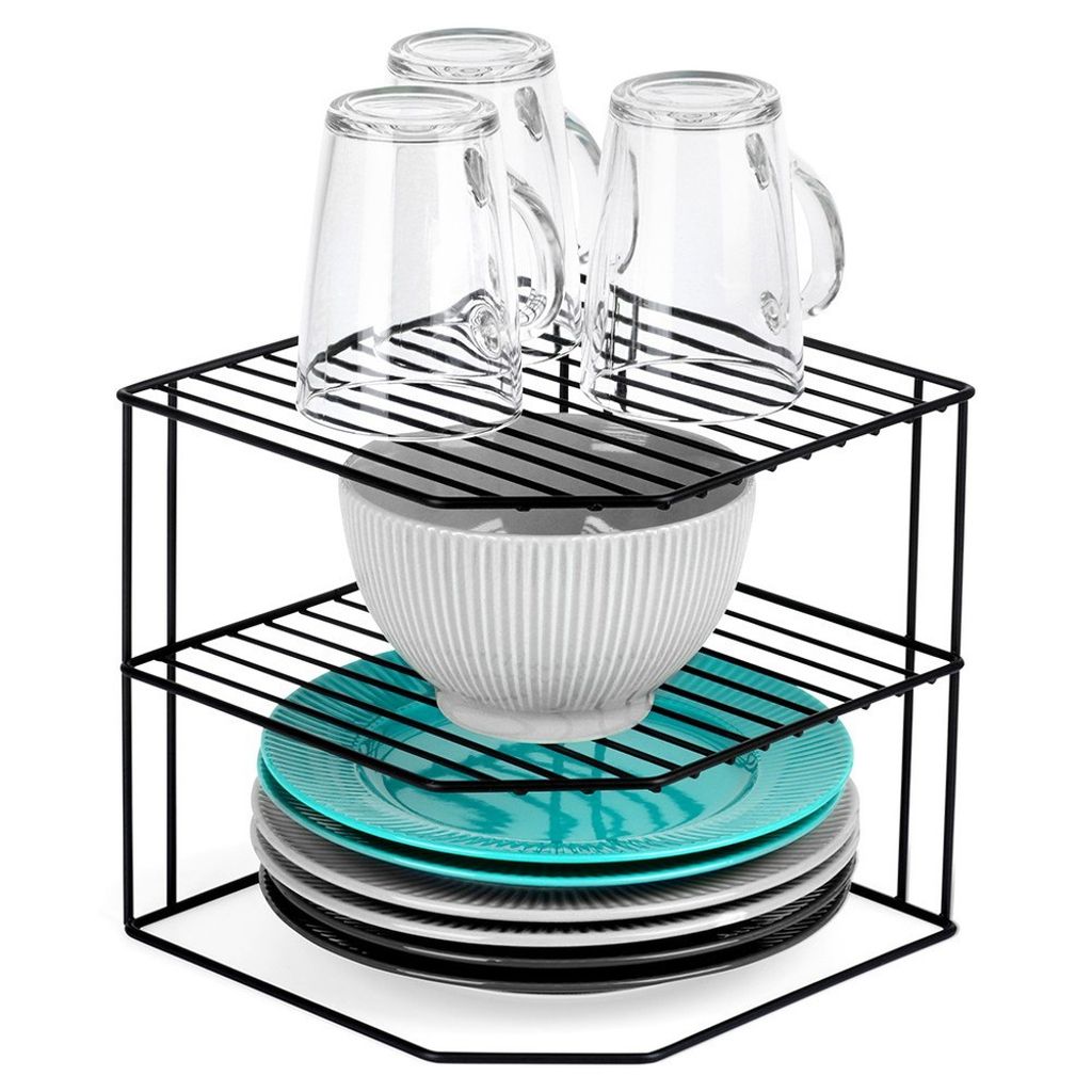 A corner shelf unit holding kitchenware.