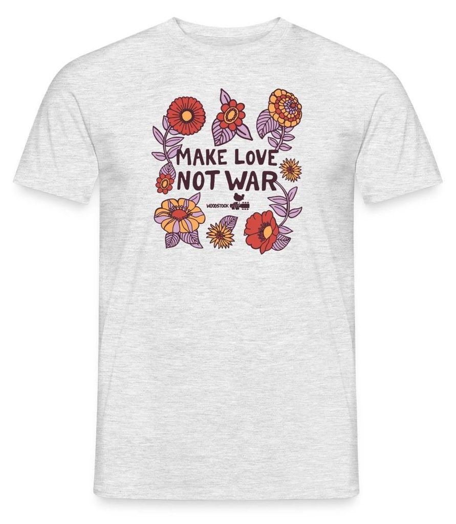 Spreadshirt Woodstock Make Love Not War Mit Blumen Rahmen Männer T-Shirt, S, Grau meliert