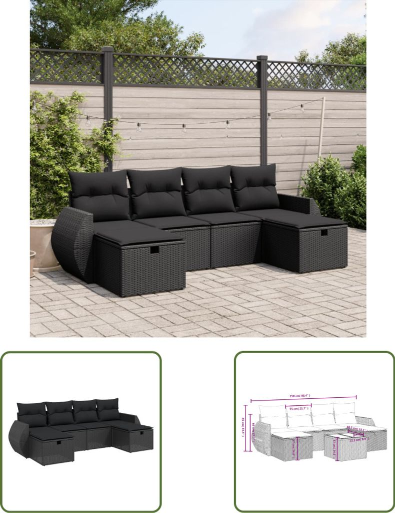 The Living Store 6-tlg. Garten-Sofagarnitur mit Kissen Schwarz Poly Rattan