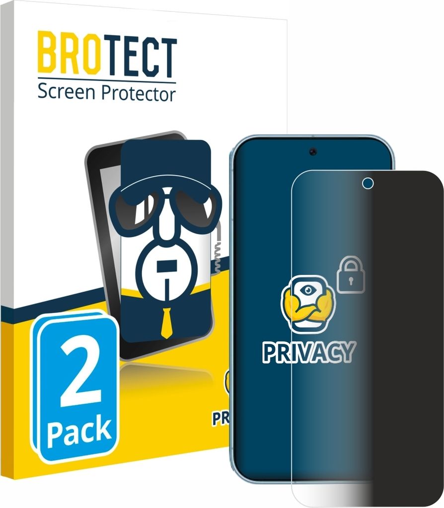 Product packaging for screen protectors, showing the packaging and two example screen protectors on phones.