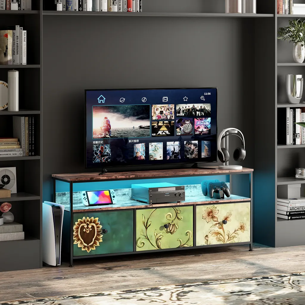 Meuble TV LED 108x30x78cm avec 4 tiroirs en tissu cuir et métal noir