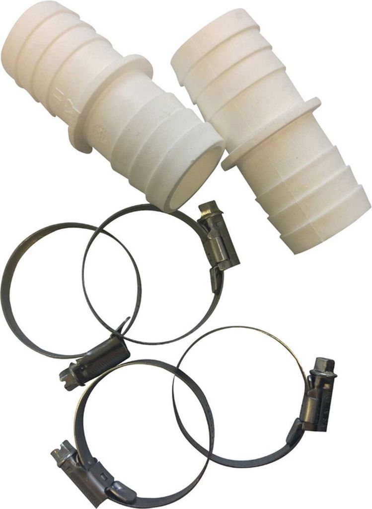 Two white plastic hose connectors and four metal hose clamps on a white background.