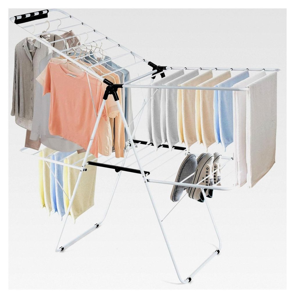 Faltbarer Wäscheständer mit 2 Ebenen, höhenverstellbar bis max. 176,5 cm, Stahlrahmen mit Handtuchclip, für Kleidung, Schuhe, Decken, Weiß