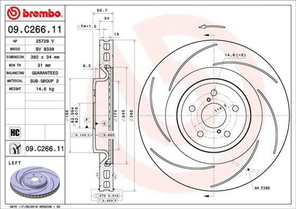 Disque de frein BREMBO 09.C266.11 OE 435160W020 pour Lexus RC et GS