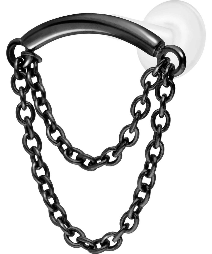 Ohrpiercing, Nasenpiercing PTFE Labret mit Innengewinde + Titan-Aufsatz BOGEN + 2 KETTEN Schwarz Stablänge: 5mm | Stabstärke: 1,2mm