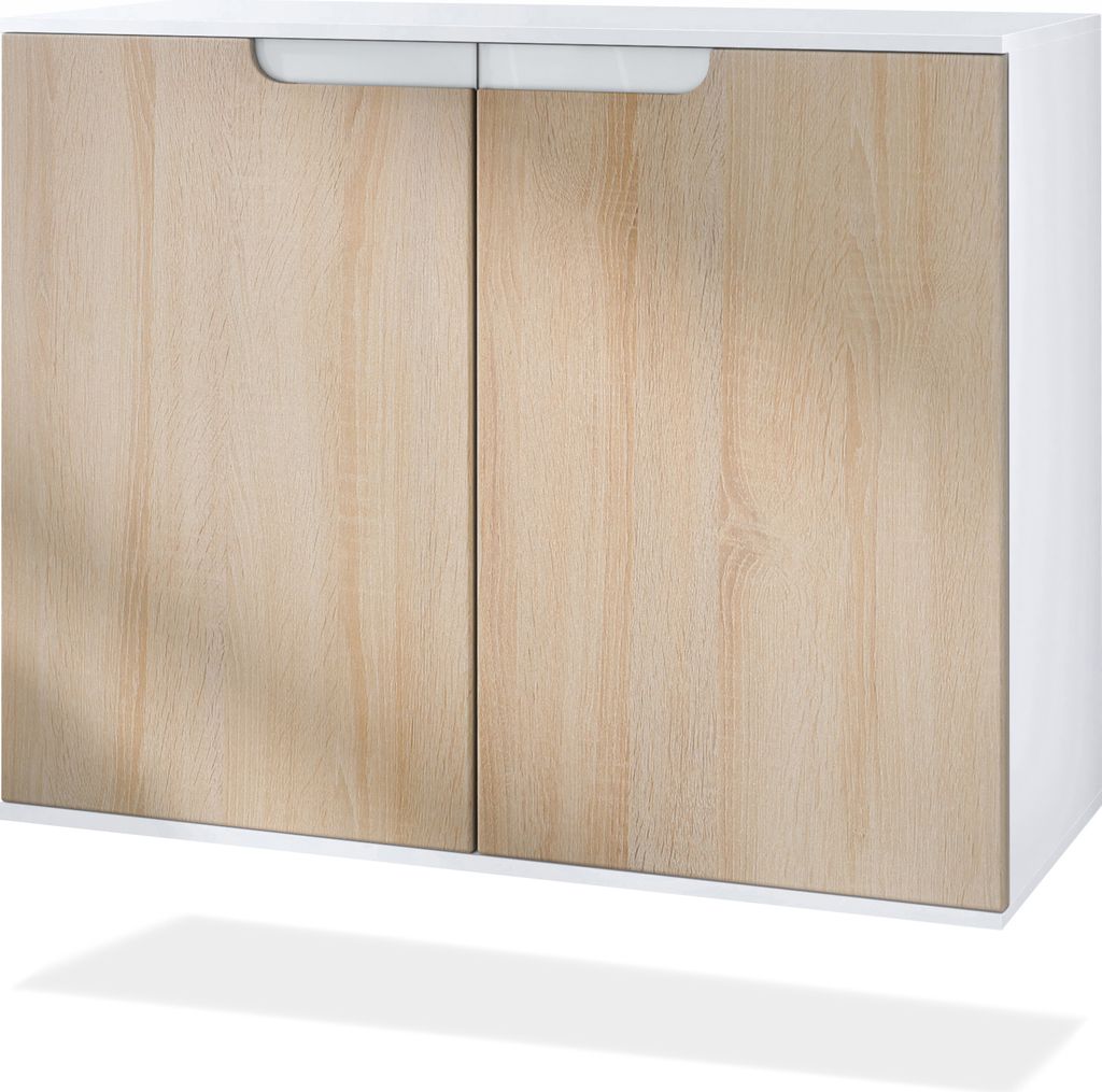 Vladon Kommode Sylt V3, Moderner Küchenschrank mit 2 großen Türen Weiß matt / Eiche sägerau (92,5 x 73.5 x 35)