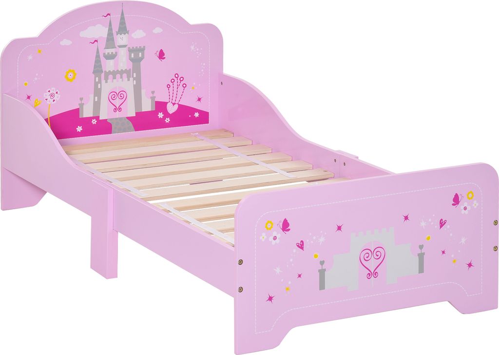 HOMCOM Kinderbett für +3 Jahre 143x73x60 cm Kinderbett aus Holz mit Schutzbarrieren max 50 kg Rosa