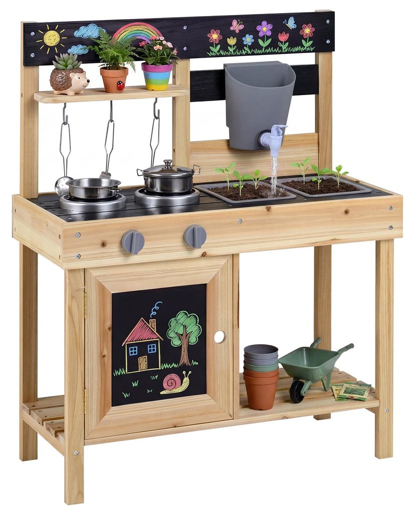 COSTWAY Matschküche Kinder Outdoor, Spielküche Holz mit Wassertank Herd Kreidetafel, Spüle&Zubehör, Outdoorküche, Gartenspielzeug für Kinder 3+