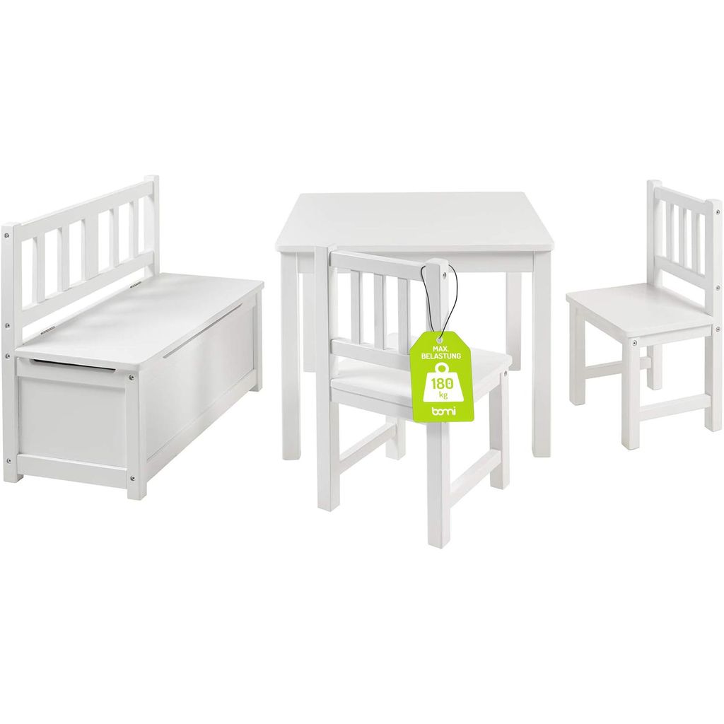 BOMI Kindertisch mit 2 Stühle mit integrierter Spielzeugkiste | Kindertruhenbank aus Kiefer Massiv Holz für Kleinkinder, Mädchen und Jungen Weiß