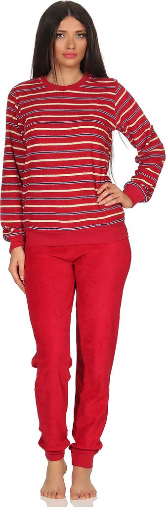 Kuscheliger Frottee Pyjama für Damen mit Bündchen und geringelten Oberteil - 291 13 772 ; rot , 44/46