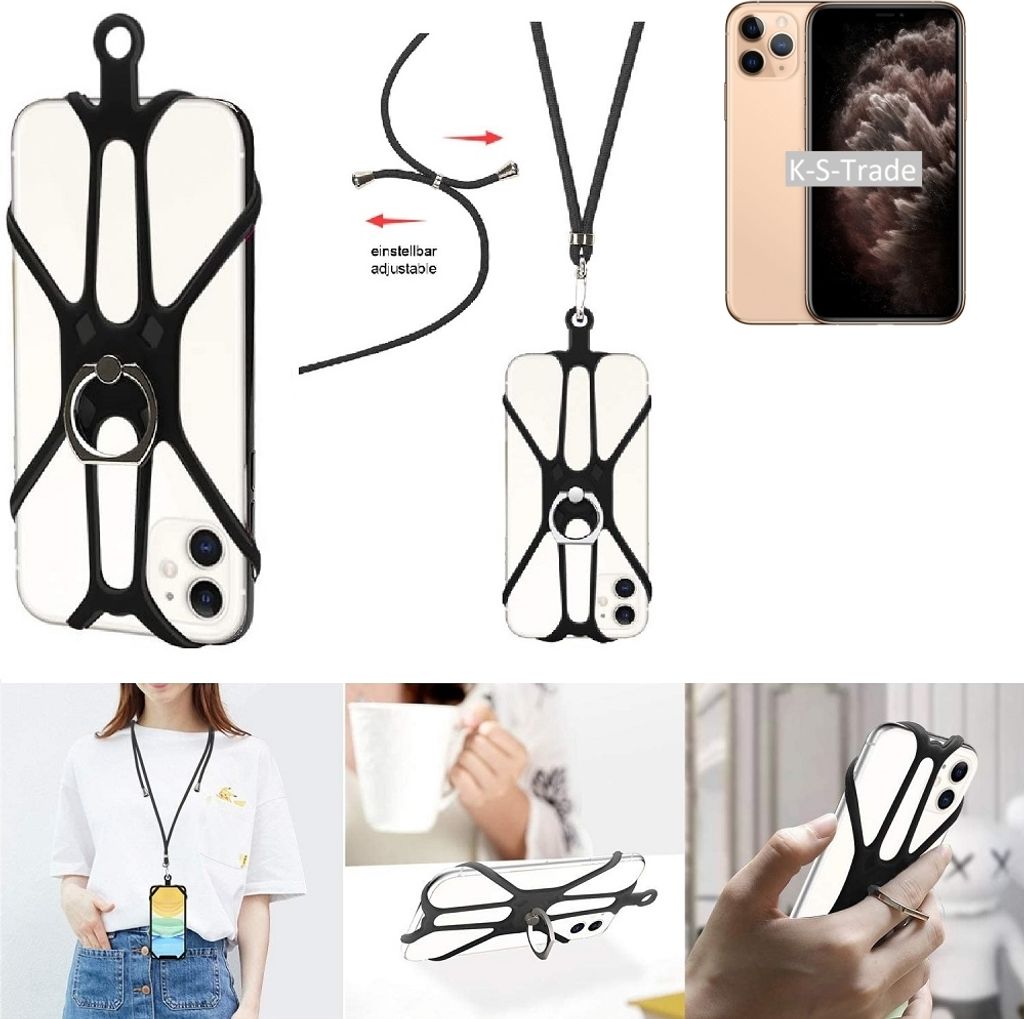 K-S-Trade 3in1 Handykette Handyband Handykordel Halsband Smartphone-Ring Handy-Ring kompatibel mit Apple iPhone 11 Pro Fingerhalterung Handyring