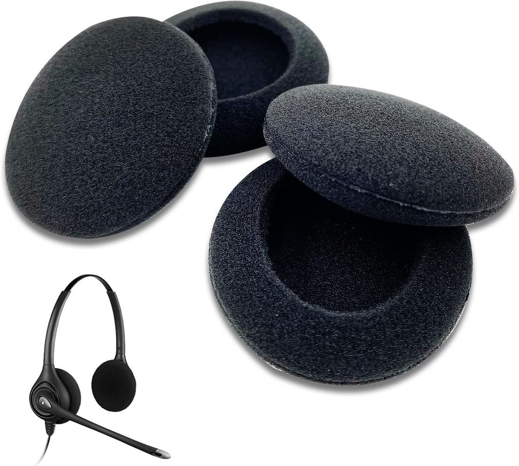 A product shot of black foam ear pads and a black headset.