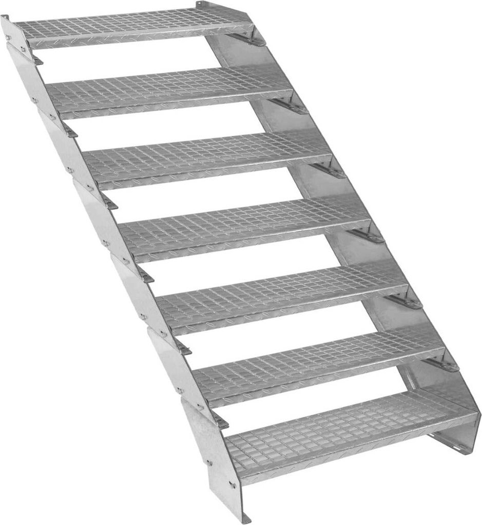 Verzinkter Stahl Treppe 7 Stufen | Erweiterbar mit zusätzlicher Gitterrost-Stufen & Höhenverstellbar | Wetterfest, Robust & Modular | für Außen...