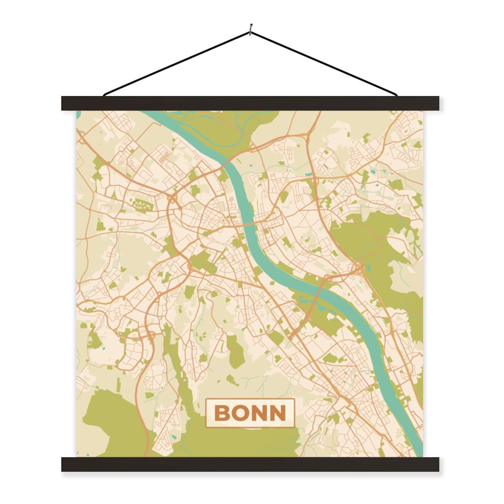 MuchoWow Textilposter Jahrgang - Bonn - Stadtplan - Karte 120x120 cm mit schwarzem Rahmen - Aufhängungsset