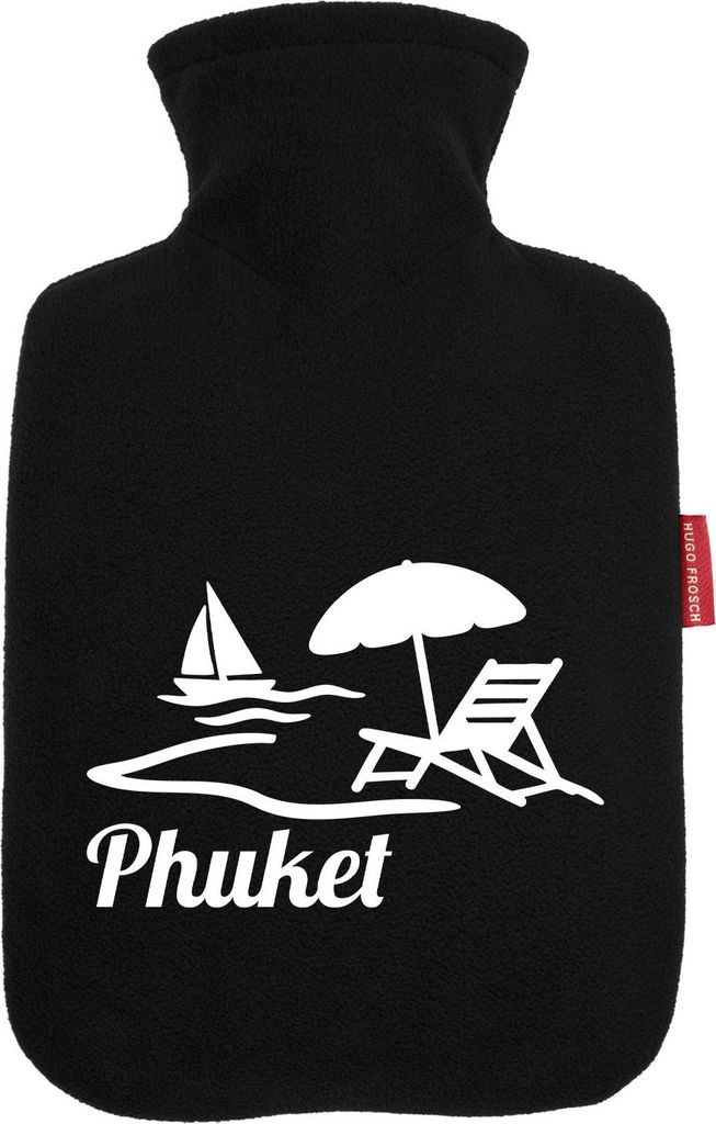 Huuraa Wärmflasche Phuket Inselmotiv Thailand 1,8 Liter Black Classic Veloursbezug Bettflasche Geschenkidee