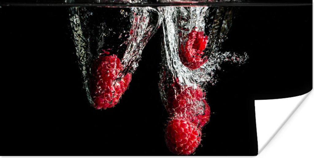MuchoWow Poster Himbeeren - Obst - Stilleben - Wasser - Schwarz - Rot 120x60 cm - Bild