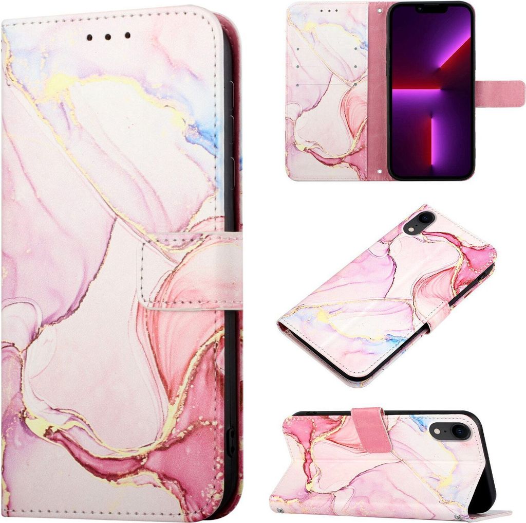 iPhone XR Hülle, Marmor Motiv Kunstleder Tasche Wallet Kartenfächer mit Standfunktion Klapp Schutzhülle für iPhone XR Pink Weiß