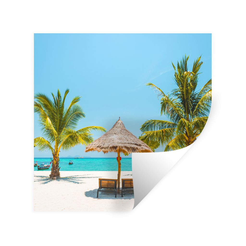 MuchoWow Wandtattoo Wandsticker Wandaufkleber Strand mit Palmen und Strandkörben 100x100 cm Selbstklebend und Repositionierbar - Wierderverwendb...