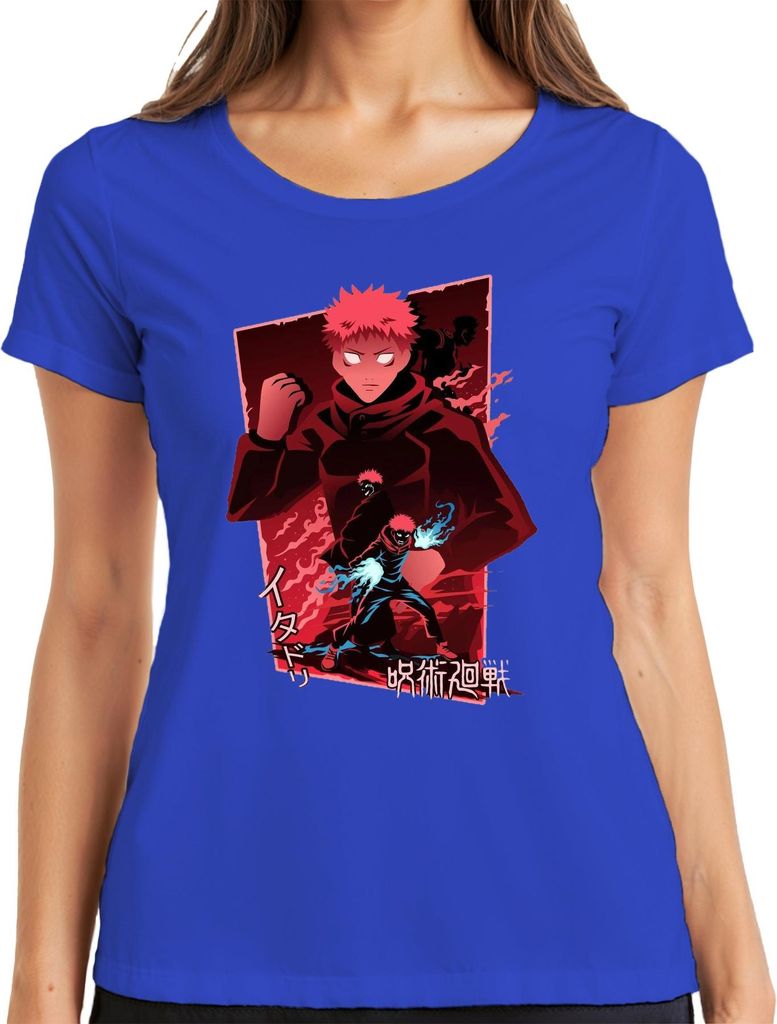 Itadori Yuji Jujutsu Kaisen Fan Anime rot düster Flammen Geschenk Damen T-Shirt, Blau, S
