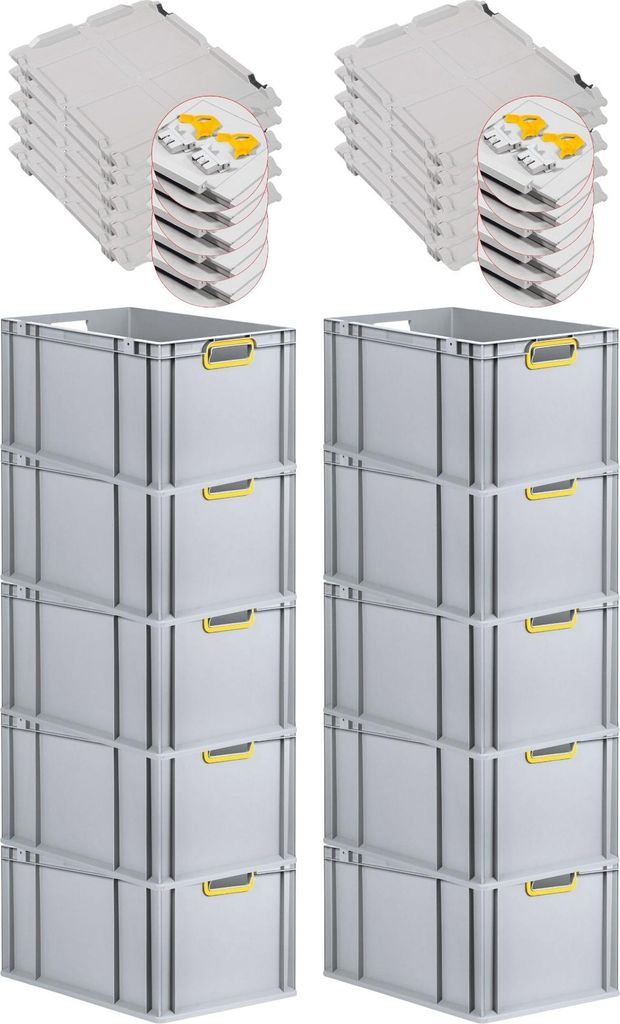 SuperSparSet 10x Eurobox NextGen Color mit Scharnierdeckel und Schiebeschnappverschlüssen | HxBxT 32x40x60cm | 65 Liter | Griffe gelb offen | Vers...