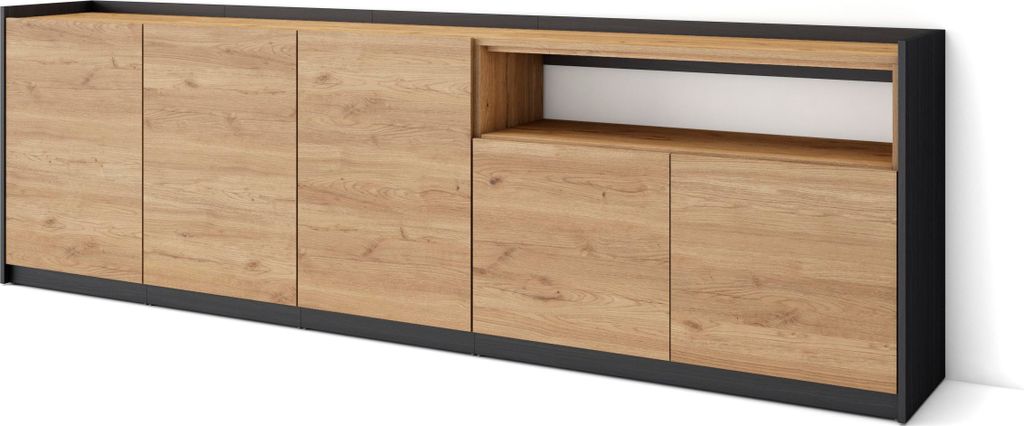 Sideboard, Highboard, 260x37x80cm, 5 Türen, Wohnzimmer, Küche, Eiche Schwarz