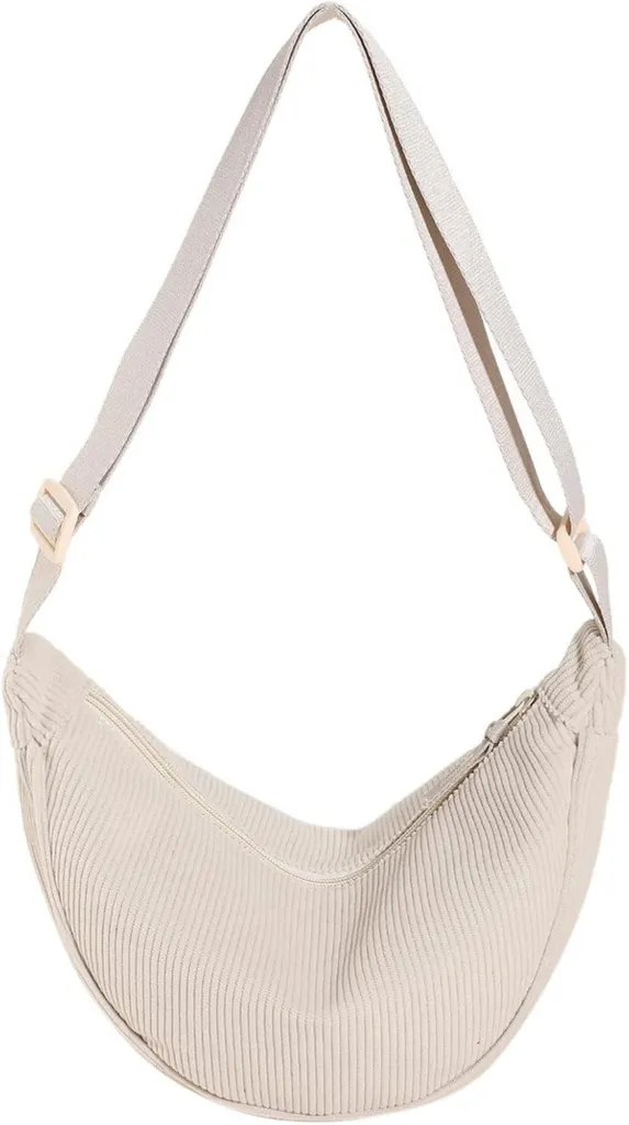 Sac crossbody demi-lune velours côtelé beige pour sorties et ville