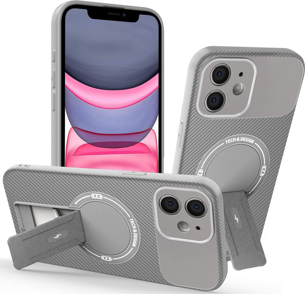 Hülle für iPhone 11 Magnetisch Carbonfaser Design TPU Hybrid Handyhülle mit Ständer Grau
