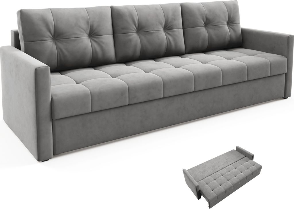 BETTSO Elegantes Sofa OLIVIA 230 cm mit Schlaffunktion gesteppt Dunkelgrau DL Automatik + Bonell